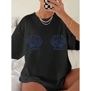 Ciel Fashion Women's White & Blue Tropical Seashell & Starfish Print T-Shirt - Soft Breathable Short Sleeve Beach Shirt, Loose Fit Casual Summer Top With Turquoise Shell Design, Machine Washable For Pool Parties, Vacation Outfits & Casual Attire