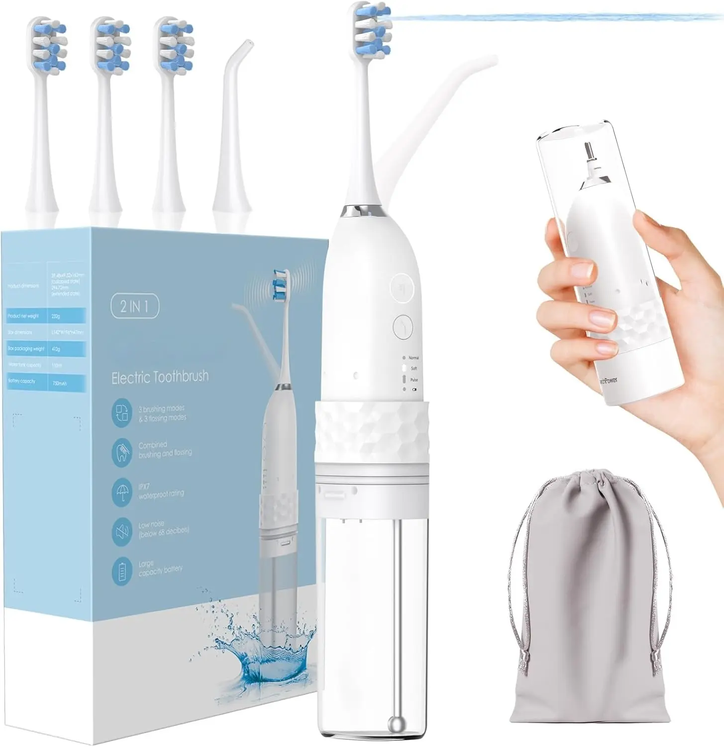 2-in-1 Electric Toothbrush and Water Flosser, Cordless Teeth Cleaner with 7 Modes for Deep Cleansing, Foldable Orthodontic Travel Kit, IPX7 Waterproof & Rechargeable, Orthodontic Toothbrush, Oral Care Tools, Detachable Brush Heads, Teeth Cleaning At Home