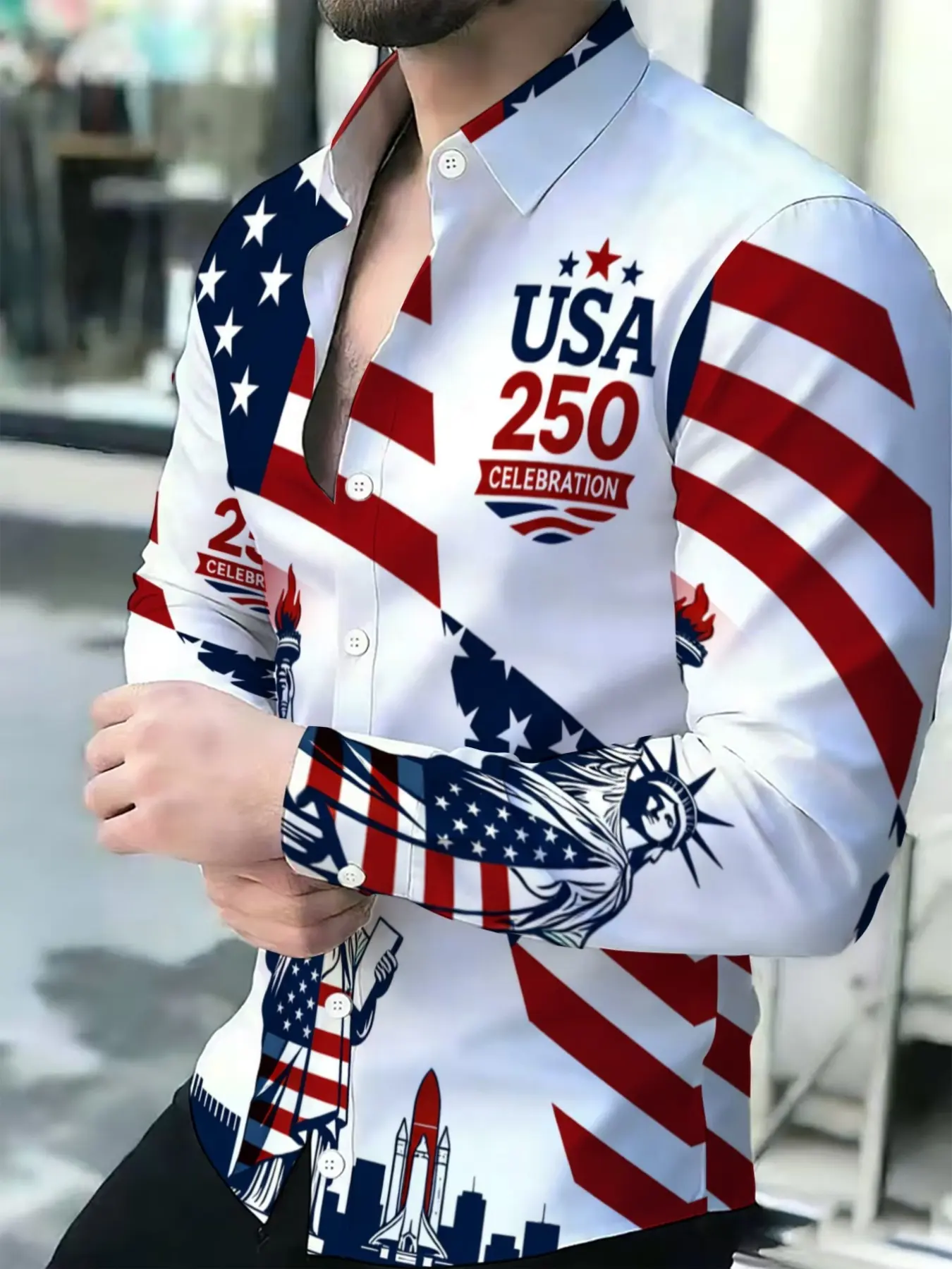 Men's Breathable Casual U.S. 250th Celebration Patriotic American Flag & Statue of Liberty Print Button-Front Long-Sleeve Top