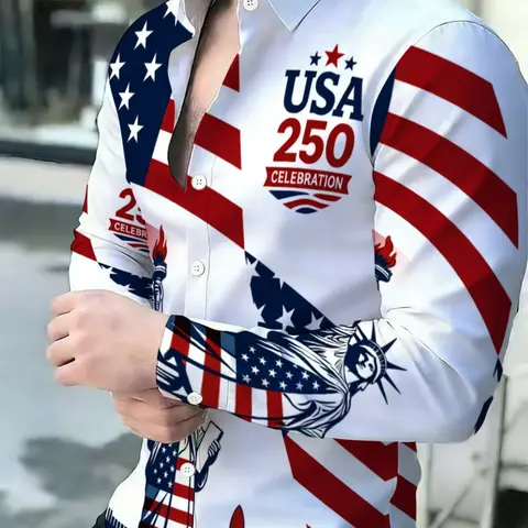 Men's Breathable Casual Graphic Shirts U.S. 250th Celebration Patriotic American Flag & Statue of Liberty Print Button-Front Long-Sleeve Top