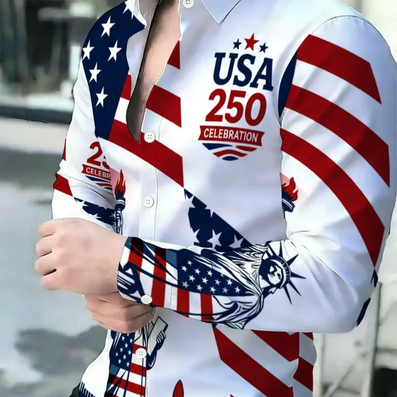 Men's Breathable Casual Graphic Shirts U.S. 250th Celebration Patriotic American Flag & Statue of Liberty Print Button-Front Long-Sleeve Top