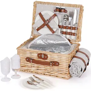 Picnic Basket Set for 2 - Wicker Picnic Basket with  Blanket & Insulated Liner, Large  Willow Hamper with Cutlery Kit for Outdoor, Picnic, Camping, Holidays (Flower)