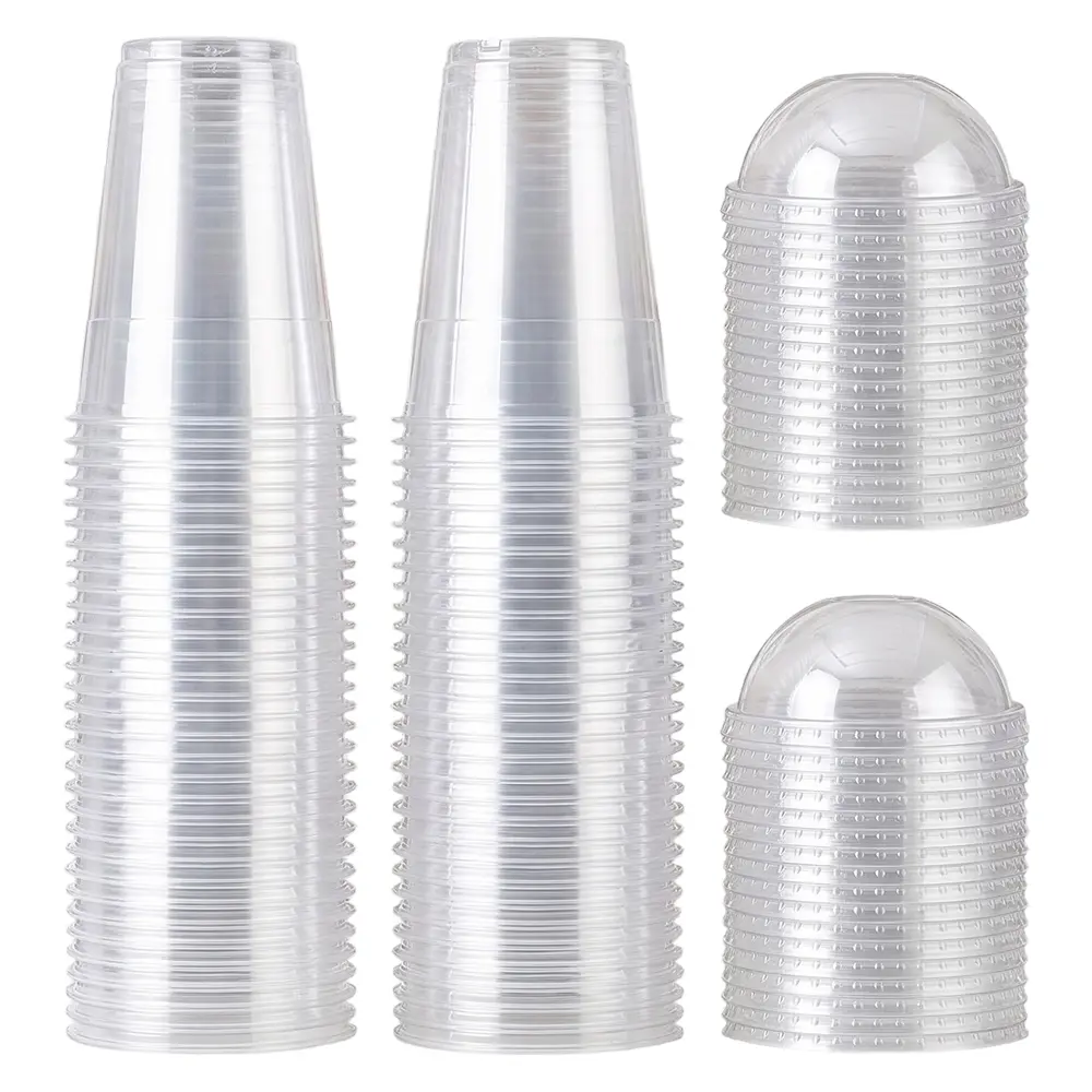 100 Pcs Disposable 16oz Transparent Plastic Cold Drink Cups with Round Top Covers, for Milkshakes, Juices, Smoothies, Summer Gatherings, Outdoor Activities