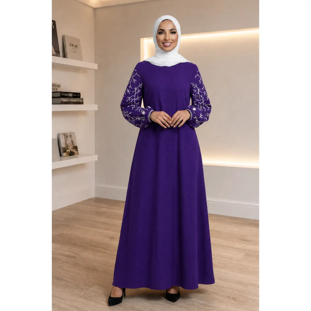 Lina Abaya - Purple Modest Floor-Length Abaya with White Botanical Embroidery on Sleeves for Special Occasions & Everyday Wear