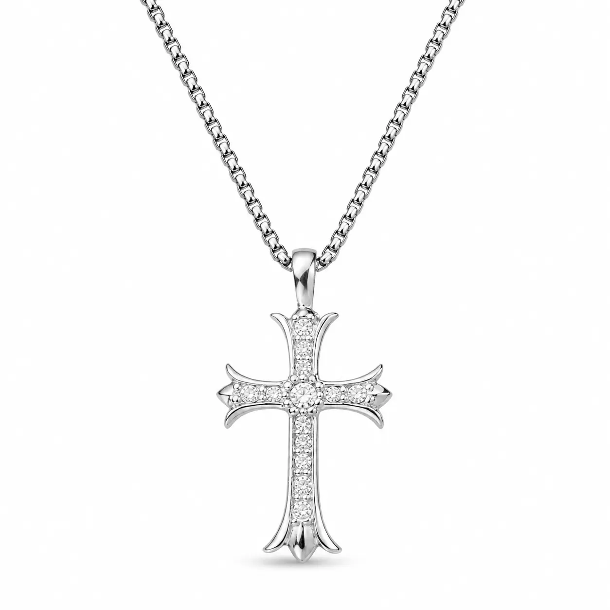 Rhinestone Gothic vintage Cross Pendant Necklace for Men & Women, Silver-Tone Alloy Box Chain, Unisex Hip Hop Streetwear Jewelry