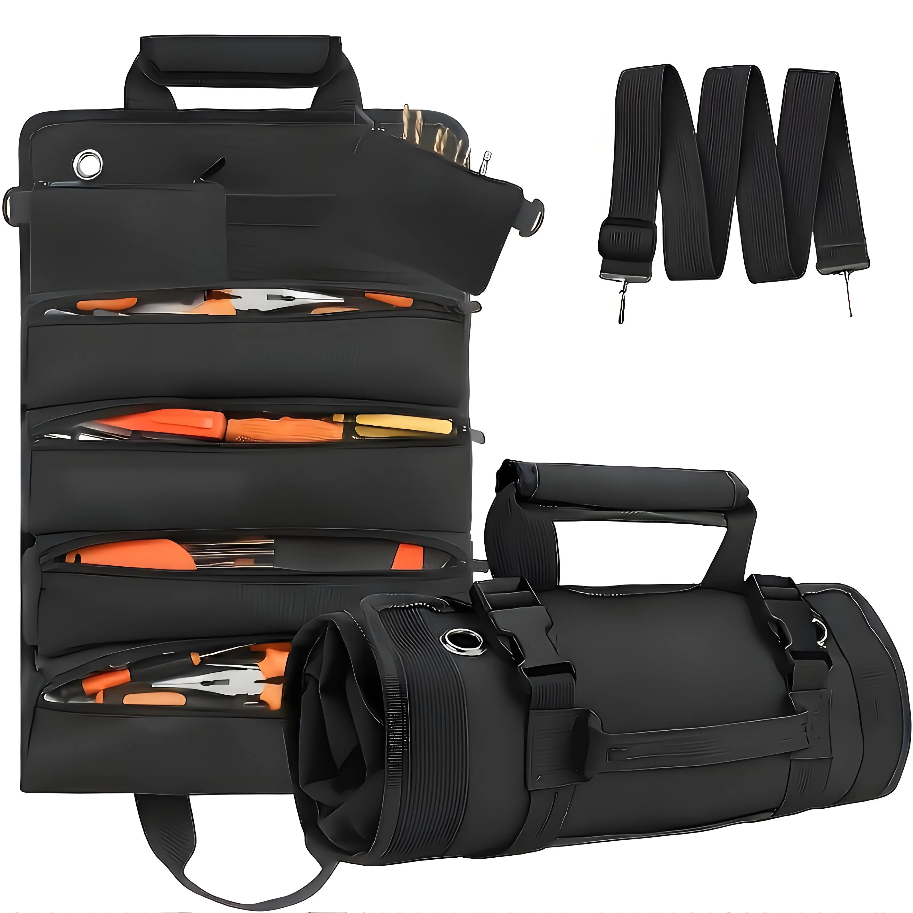 Roll Up Tool Bag with Detachable Tool Pouches Heavy Duty Organizer for Mechanics Electricians Plumbers and Carpenters Foldable Versatile Canvas Garden Tool Bag Backpack Durable, Convenient Tool Pockets, Tool Storage Kit