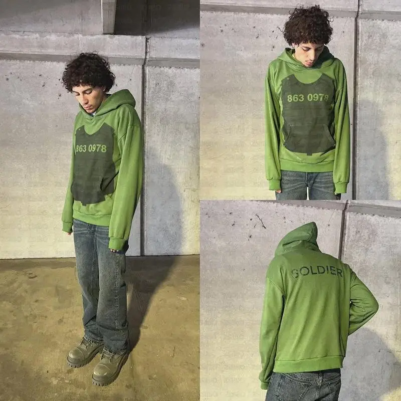 Men Green Hoodie Tactical Vest Number Print Oversized Streetwear Pullover Hooded Sweatshirt  ### Search Terms