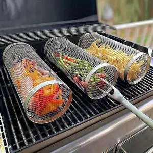 BBQ Basket Stainless Steel Rolling Grilling Basket Wire Mesh Cylinder Grill Basket Portable Round Outdoor Camping Barbecue Rack Barbecue Accessories