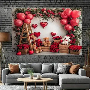 1PC,2D Flat Valentine's Day Romantic Love Balloon Teddy Bear Rose Backdrop, Proposal Confession Wedding Decoration Tapestry, Birthday Party Scene Layout Photography Background Curtain