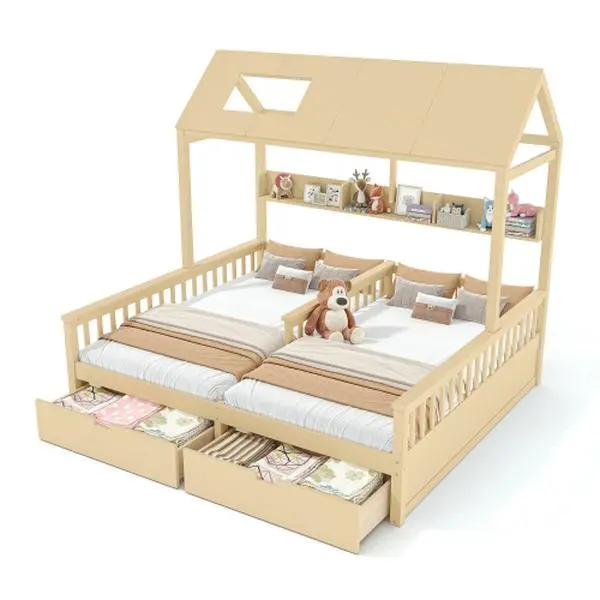 Bellemave Double double bed platform bed with storage rack and drawer, family platform bed with supporting Flat noodles, theater design,