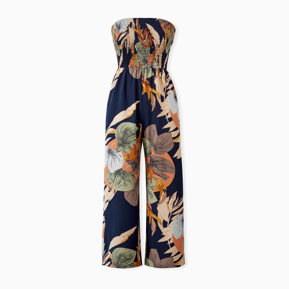 PatPat Family Matching Tropical Floral Print Smocked Top Strap Wide-Leg Jumpsuits for Mommy and Me