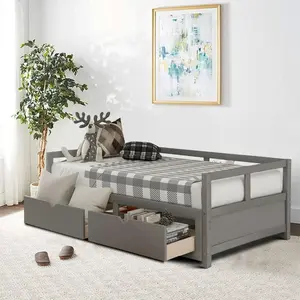 Contemporary Minimalist Wooden Extendable Daybed with Two Drawers