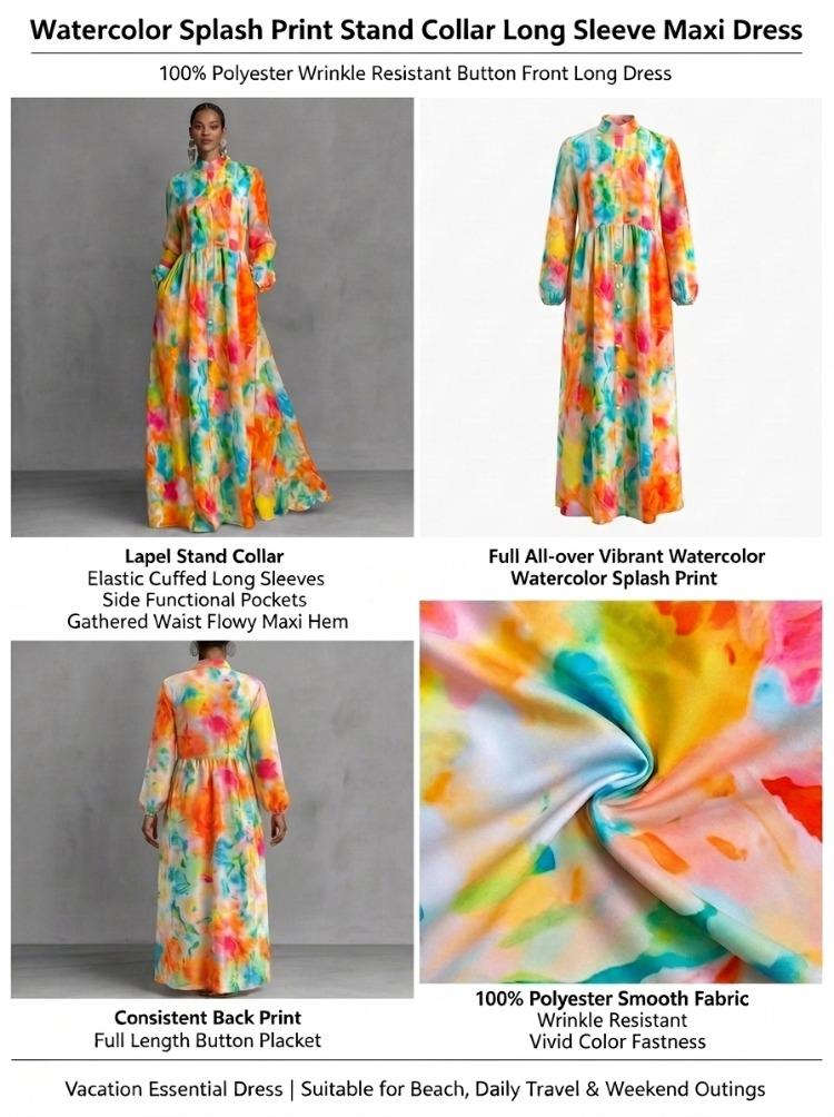UOOZEE Women's Floral Print Long Sleeve Maxi Dress, Lightweight A-Line Style Polyester Shirt Dress with Pockets for Party, Elegant Dresses For Women