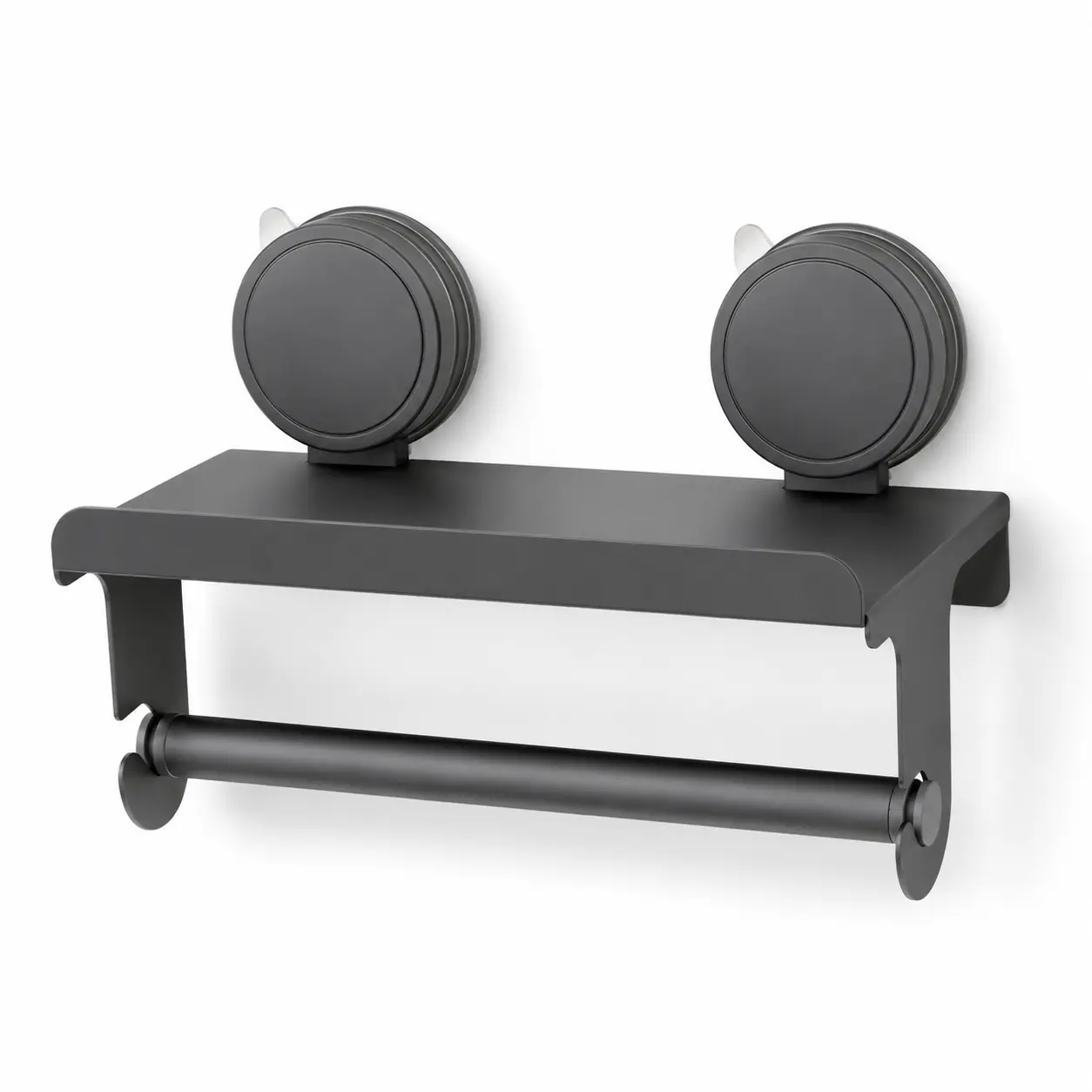 No-drill vacuum suction toilet paper holder, gunmetal gray carbon steel material, durable and rustproof — double-layer, removable wall-mounted compact bathroom storage organizer with an Easy Roll replacement design that supports adjustable installation, s