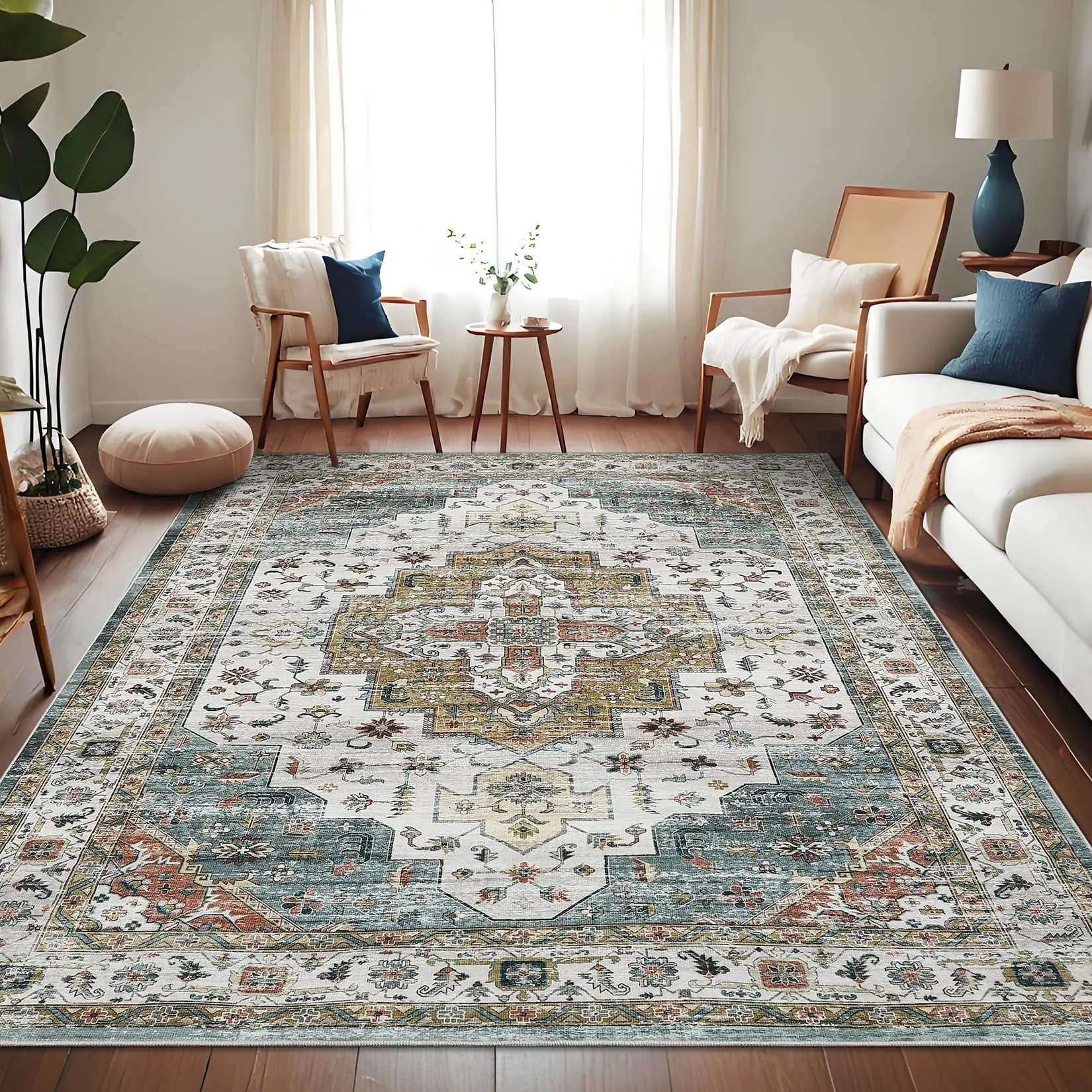 GARVEE Machine Washable Area Rugs - Vintage Soft Low Pile Oriental Carpets with Non-Slip Backing, Stain-Resistant, Distressed Accent Rugs for Living Room, Bedroom, Hallway, Laundry, Various Sizes and Colors