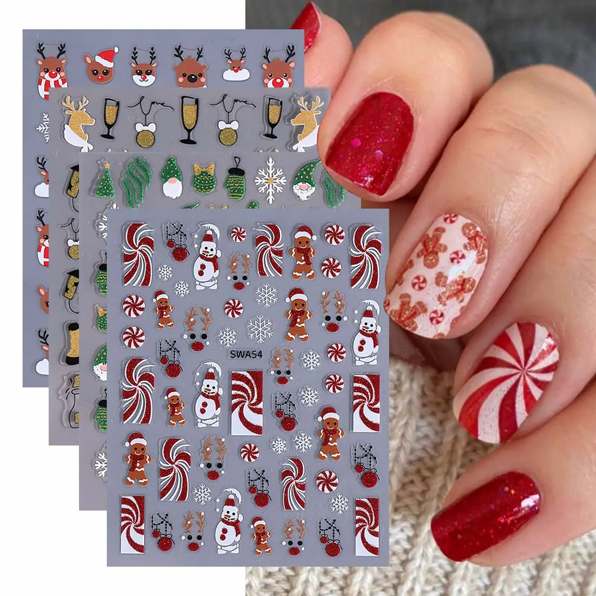 Cute Cartoon Christmas Nail Stickers, Nail Art Diy Nail Kit Set, 3D Snowman Reindeer Candy Hat Design, Holiday Decorations for Women & Girls, Set of 4 Sheets