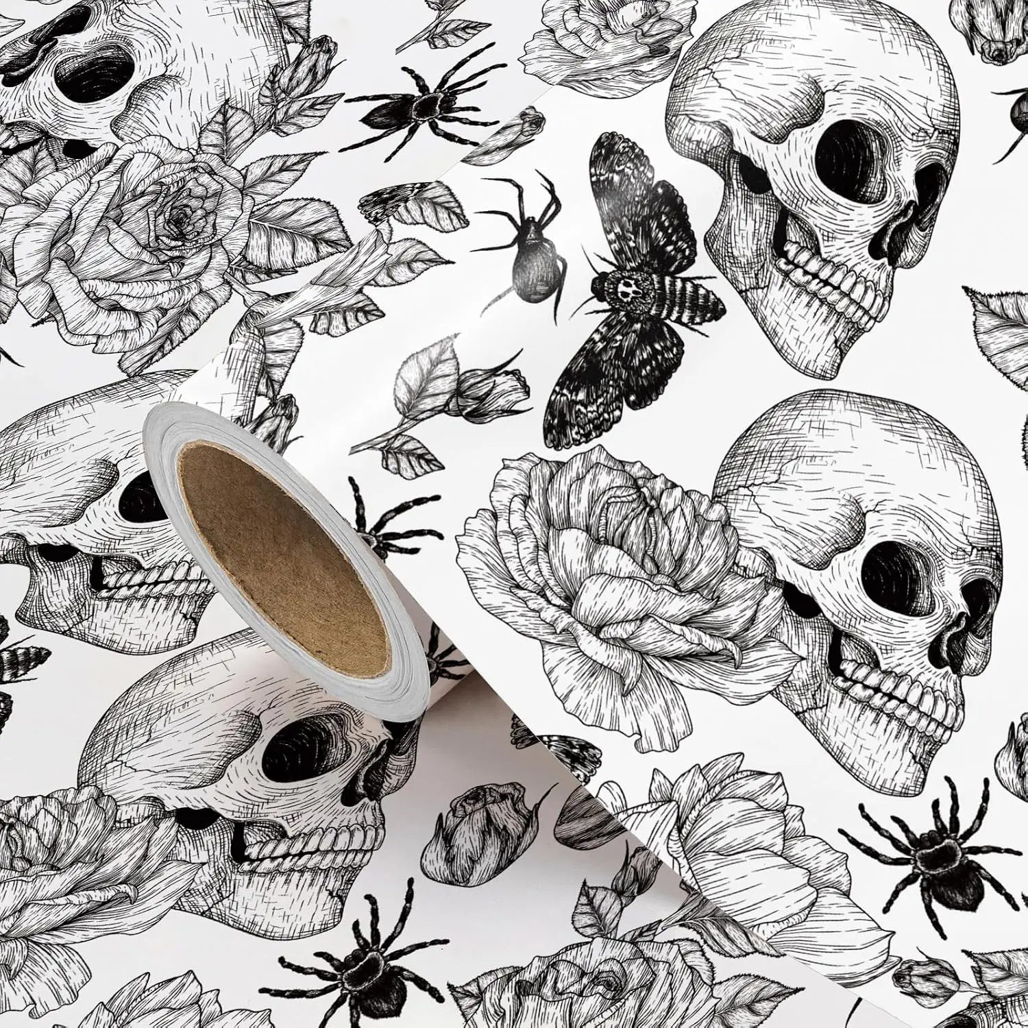 WRAPAHOLIC Halloween Wrapping Paper Roll - Gothic Skull, Bat and Spider Web Gift Wrap Paper with Spooky Black Purple Pink Designs, Perfect for Halloween Party Gifts, Trick or Treat, Birthday, Holiday Decoration, 17 Inch x 16.5 Feet