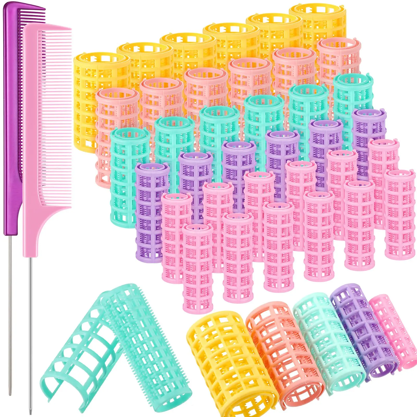 38pcs Heatless Durable Haircare Hair Rollers Set - 5 Sizes Velcro Rollers, 2 Steel Pin Tail Combs, Home Salon Styling Kit for All Hair Types to Create Curls, Volume, Hair Styling Accessories, Plastic