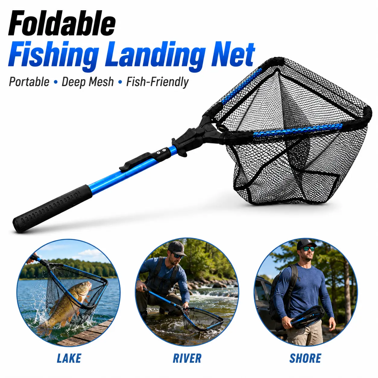 Fishing Net, Foldable Fish Landing Net, Lightweight & Portable Fishing Net with Soft Handle, Fish-Friendly Mesh for a Safe Release