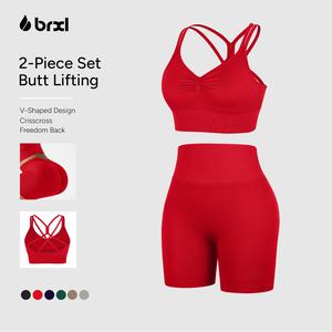 BRXL 2-Piece Set Lycra Fabric Women's Supportive Cross-Back Sports Bra & Sculpting Ruched Biker Shorts | V-Back Design Seamless Construction #Fitness #OutdoorFun #HolidayWarmup #SummerVibes -1
