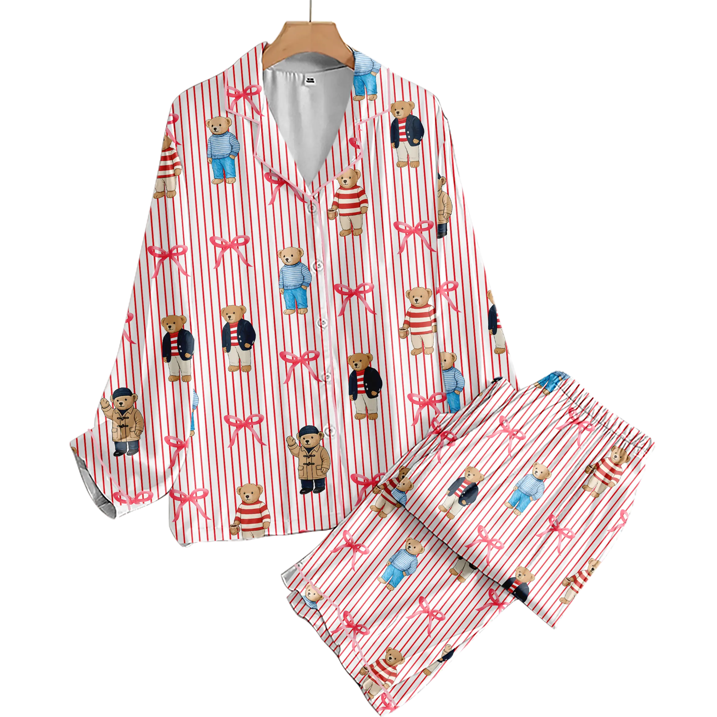 Cute Coquette Teddy Bear Pajamas Set for Women, Long Sleeve Top & Elastic Waist Pants Lounge Set, Comfy Sleepwear for Girls | 030426.R0748.ID01
