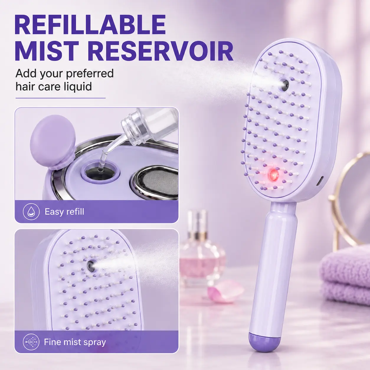 3-IN-1 HYDRATING MIST & RED LIGHT Electric Hair Brush, 2026 Upgrade Purple for Dry Frizzy Hair, Self-Cleaning Gloss Enhancing Care Brush for Women