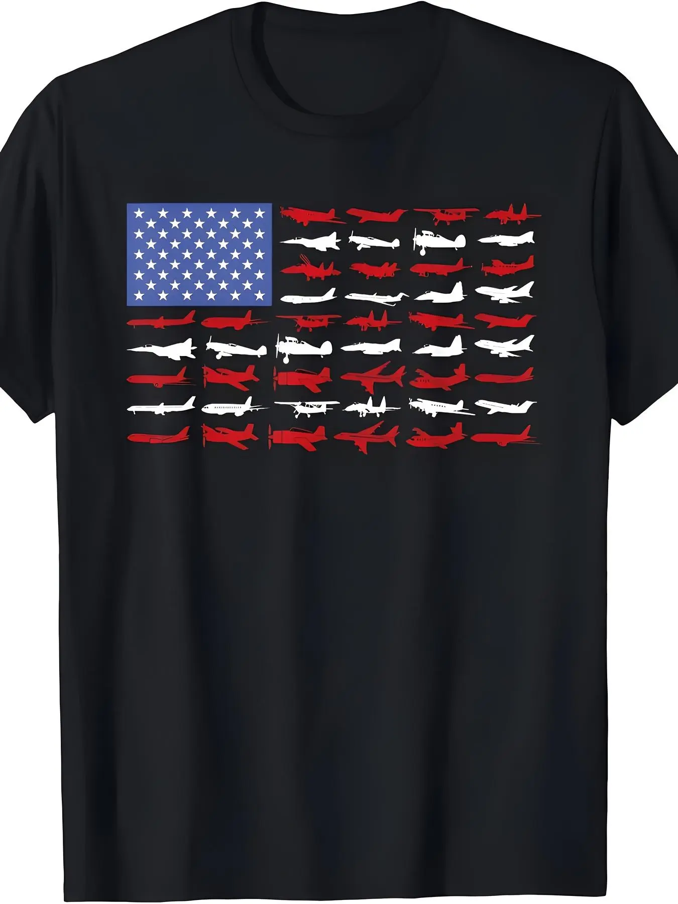 Men's 100% Cotton T-Shirt - Aviation-Themed American Flag with Aircraft (Fighter Jets, -17s, -24s) - Relaxed Fit All-Season Casual Wear, Ideal 4th of July & Veterans Day Group Gift for Pilots & Veterans