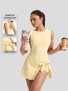 Women's Seamless Bodycon Dress Pants, Sleeveless Round Neck Side Tie Bow Design, Slimming Fit Non-Sweaty Sportswear for Daily Wear, Workout Active Dress