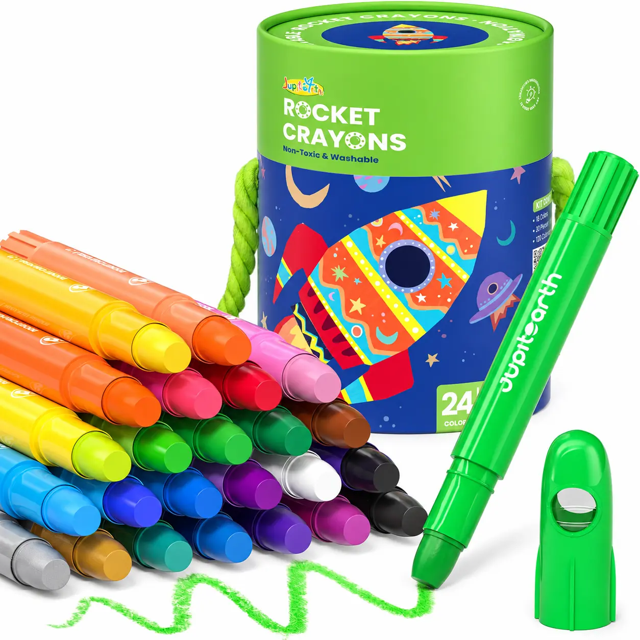 JUPITEARTH 24-Color Space Theme Rocket-Shape Twistable Crayons for 1-3 Years Toddlers, Non-Toxic Washable Silk-Like Easy-Grip Art Drawing Supplies with Storage Bucket, Back to School Office Stationery Toddler Toys Coloring Must Haves,techvibes