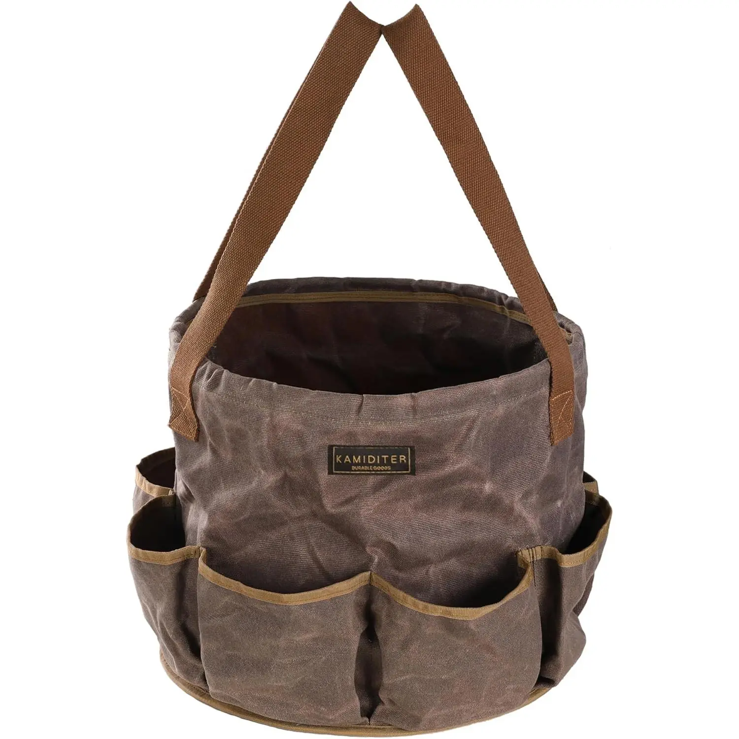 Waxed Canvas Gardening Organizer Bag - Waterproof Bucket Tool Tote, 16 oz, 8 Side Pockets, Portable for Lawn/Camping (Grey)