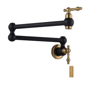 WOWOW Brass Wall Mount Pot Filler with 2-Aerators and Brass Valve, Double Handle Single Hole Kitchen Faucet in Black and Gold
