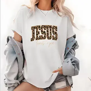 Women's Leopard Print Shortsleeve Cotton Crew Neck Tee - Breathable Oversized Christian Clothes with Bible Verses, "Jesus Loves You" & "The Way The Truth The Life" Messages, Casual Faith Apparel for Everyday Gifting summerwins,summerwins