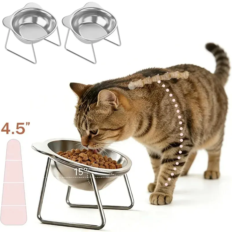 15° Elevated Stainless Steel Pet Bowl for Cats & Small Dogs - Tilted Food Bowl with Stable Base