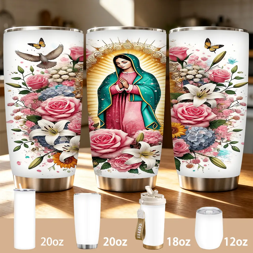 Our Lady of Guadalupe Religious Iconography Leak Proof Tumbler - Multi-Size 12/18/20oz (500-1,000 ml) Stainless Steel Insulated Water Bottle for Adults, Floral Roses & Lilies Praying Figure, Cold/Hot Retention, Ideal Daily Use & Spiritual Gift