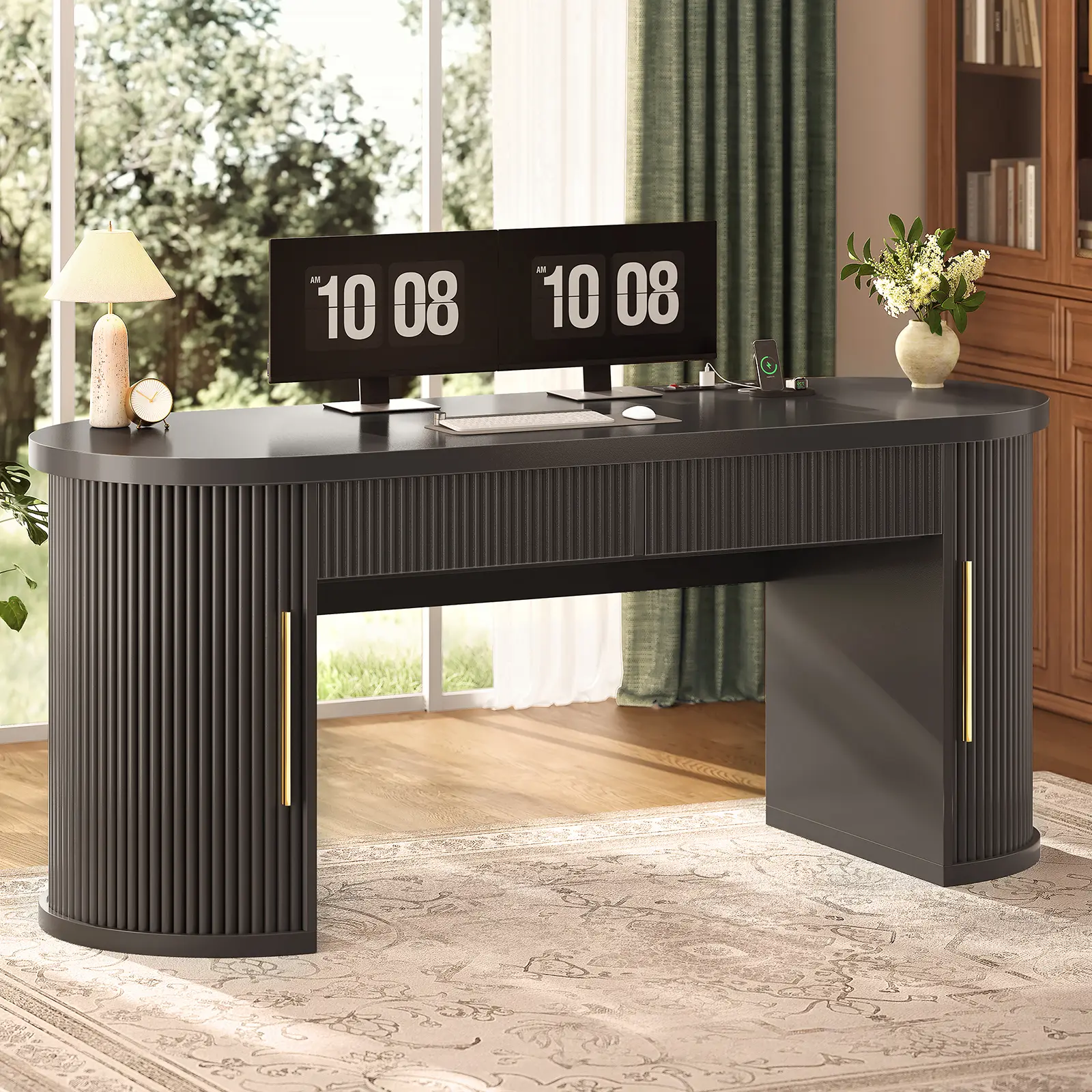 Sedeta Modern Engineered Wood Workstation, 58.3"x21.7" Large Fluted Stable Tabletop Executive Desk, Dual Sliding Desktop Drawers, 2-Sliding-Door Storage Drawer Platform, Power Outlets & Strip for Home Office, Furniture-Style Desks, Dual Drawers Desks