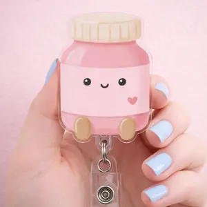 Kawaii Pink Pill Bottle Badge Reel | Nurse ID Holder | Retractable ID Carrier