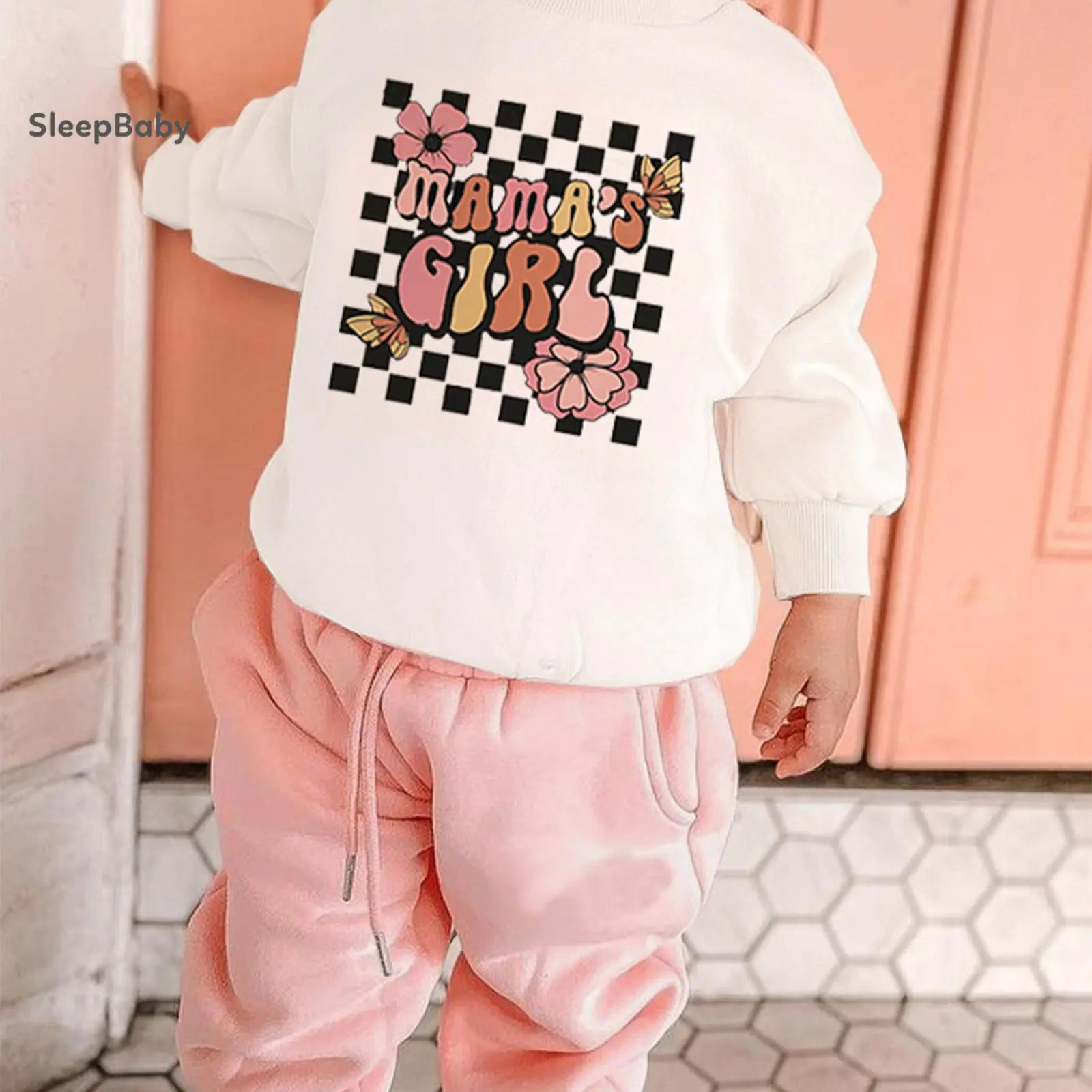 Toddler Girl Children's 2-Piece Cute Clothing Gift Set - Plaid & Letter Print Long Sleeve Sweatshirt, Solid Long Diaper Sweatpants, Casual Wear, Crew Neck, Plaid Print, Cotton Blend, 12-18 Months, Two-Pieces