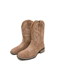 Men Western Cowboy Boots Suede Square Head Low Heel Comfortable Fashion Hand Embroidered Sleeve Men Boots Footwear