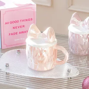 Cute Bow Ceramic Mug with Lid, Pearl Dreamy Rainbow Coffee Cup, Girl Heart Scallop Handle, Elegant Gift Box for Women's Birthday, Valentines Mug