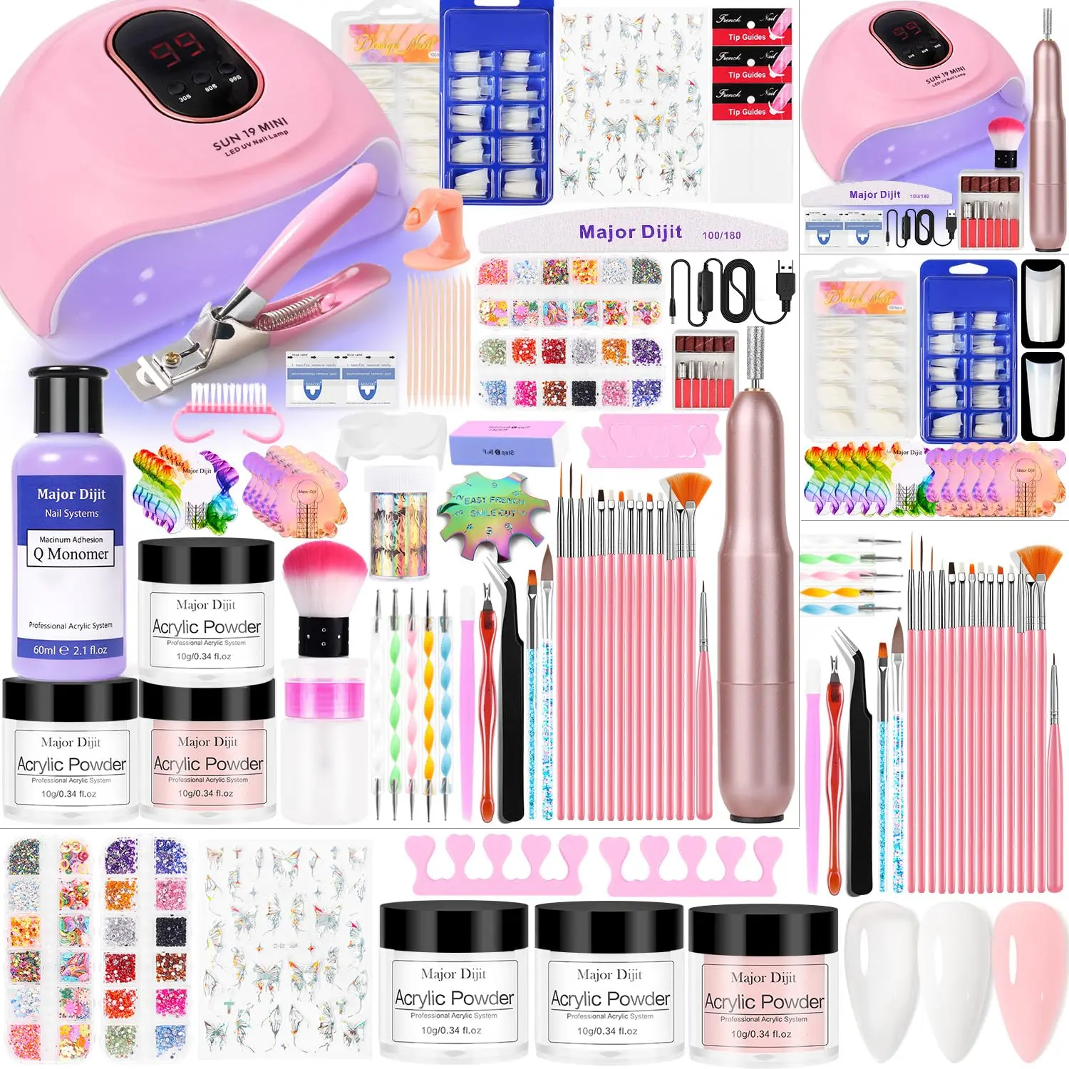Acrylic Nail Kit Starter Set Everything for Beginners Home Salon Gifts | Professional Acrylic Powder Nail Drill U V Lamp Glitter Nail Decorations Nail Clippers