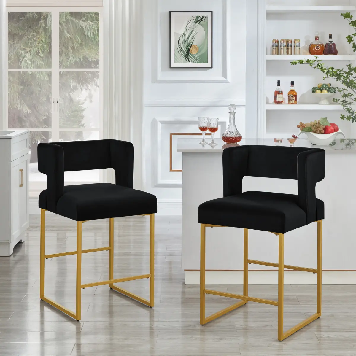 Set of 2 Contemporary Style Cushioned Fabric Counter Stools - Unique Square Open Backrest, Sturdy Iron Legs, 26" H Home Bar Chairs for Kitchen Islands, Cushioned Fabric Home Bar Furniture, Cushioned Home Bar Furniture