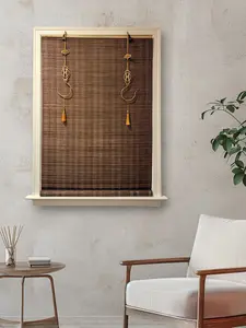 Cordless Bamboo Window Blind Sun Shade, Light Filtering Roller Shades with Oriental Themed Decorative Brass Hooks, Bamboo Material