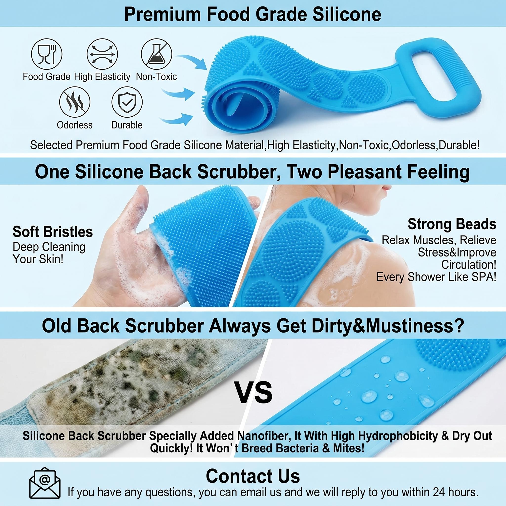 Double-Sided Silicone Back Scrubber, Exfoliating Body Brush Strap, Gentle Bathing Accessory for All Skin Types, Body Brush for Showering, Flexible Silicone Body Brushes,back to school