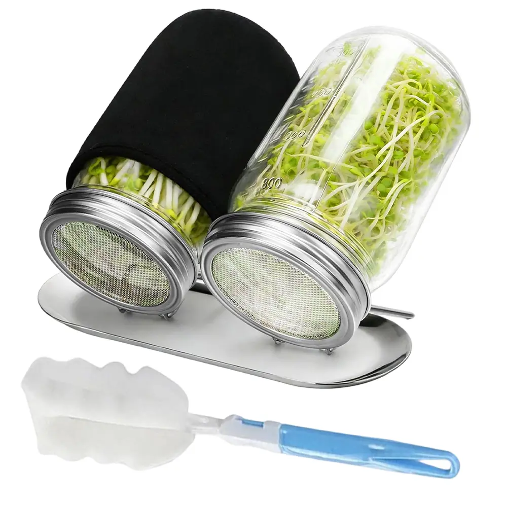 2-Pack Plastic-Free 32-oz Transparent Glass Mason Jar Sprouting Kit, Kitchen Tool Set with Stainless Steel Mesh Lids, Blackout Sleeves, Drip Tray, Cleaning Brush, Easy Quick Guide for Beginners - Dual-Use Reusable for Organic Broccoli/Alfalfa Seeds