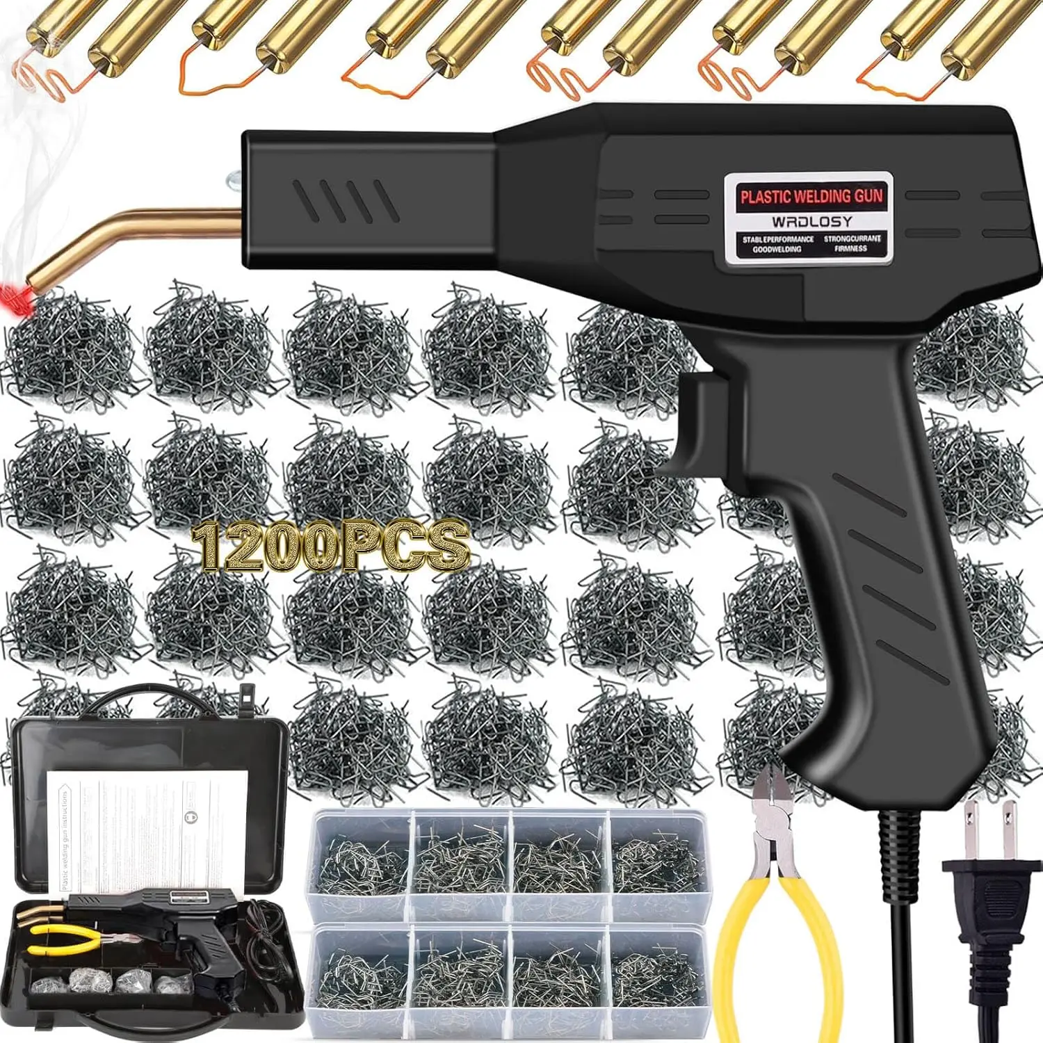 Handheld Thermoplastic Welder Kit - 100W, 1200PCS Staples, Ergonomic Design, Instant On/Off, Portable Black Toolbox, Fast Safe Repair for DIY Projects, Trash Cans, Brass Component Essential Tool for DIYers