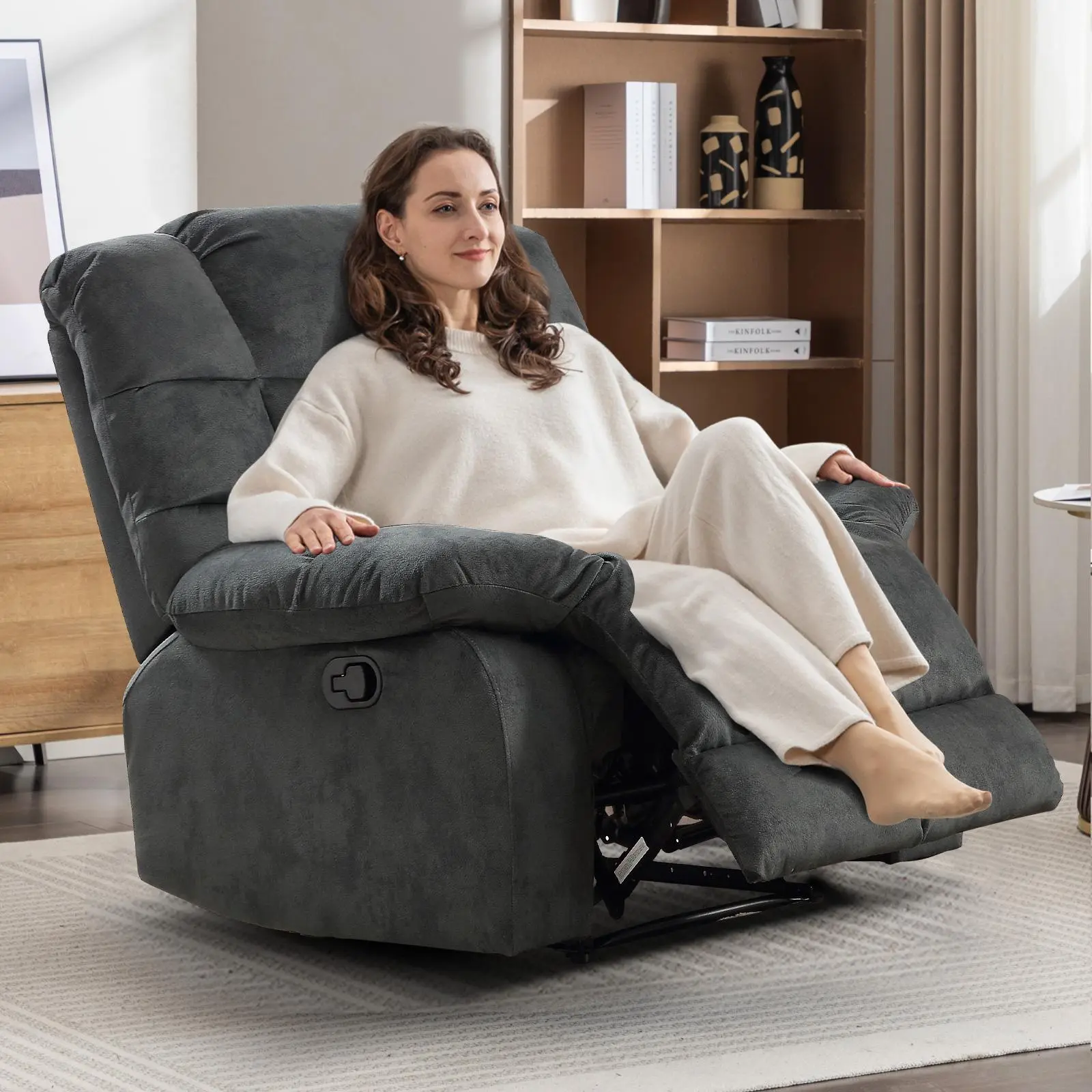 Ebello 39"W × 36.2"D × 39.8"H Manual Massage Recliner - Comfy Fabric Chair, Overstuffed Arms, Single Seat Couch, Ergonomically Adjustable Seat, Heat, Vibration, Cup Holders, Durable Seating for Living Room, Bedroom