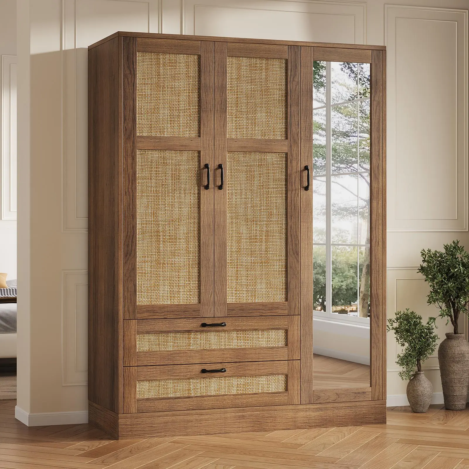 FUSOU Bohemian Mirrored 3-Door Wooden Freestanding Wardrobe Organizer Armoire Closet - Brown Wood Finish, 2 Drawers, Adjustable Shelves, Clothes/Bedding Closet Organization Solution (Shipped in 2 Packages), Mirrored Armoire Closet