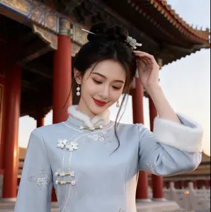 Pale Blue Wool-Blend Floral Embroidery Faux Fur Trim Qipao/Cheongsam Dress | Elegant Winter Oriental Sightseeing/Holiday Gathering Outfit