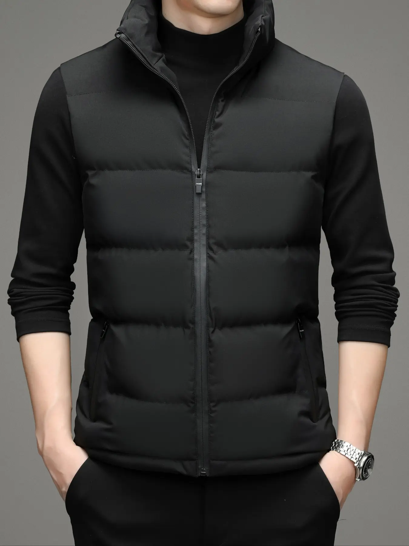 Men's Stand Collar Down Vest Puffer Gilet Waistcoats, Business Casual Style, Warm Zipper Closure, Multiple Pockets, Ideal for Autumn Winter Daily Wear