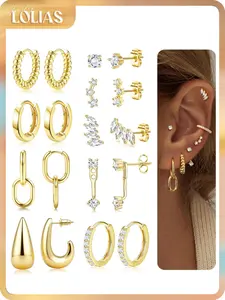 LOLIAS Hypoallergenic 14K Gold Plated Hoop Earring Stacks for Women -Huggie Stud Hoop Earrings Small Stainless Steel Cartilage Earring Sets for Multiple Piercing Lightweight 9Pairs